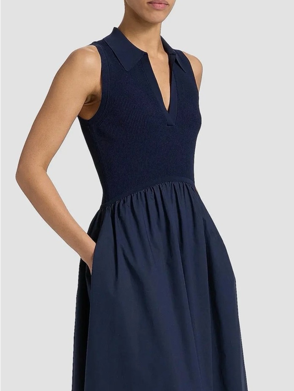 Tanya Taylor Sleeveless Navy Polo Knit Midi Dress with Gathered Skirt